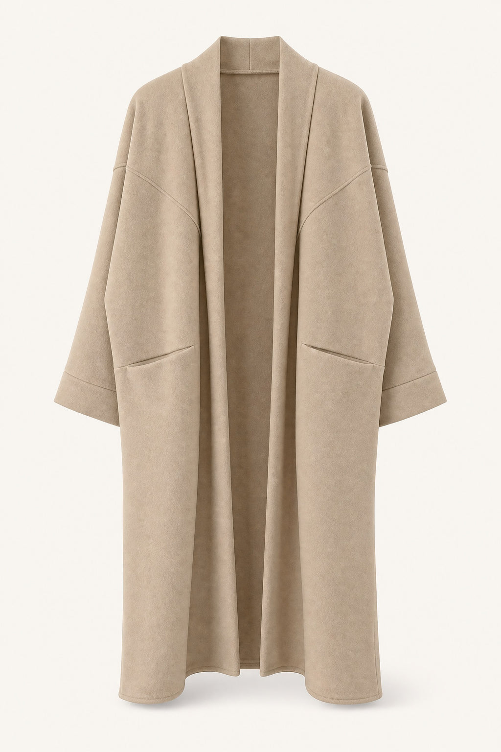 Manteau long oversize ouvert – Beige – vue de face – EMORA