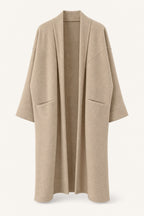 Manteau long oversize ouvert – Beige – vue de face – EMORA