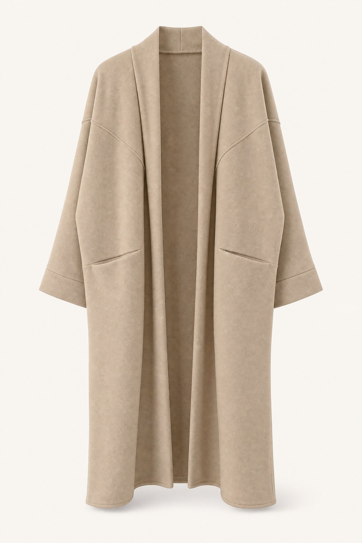 Manteau long oversize ouvert – Beige – vue de face – EMORA