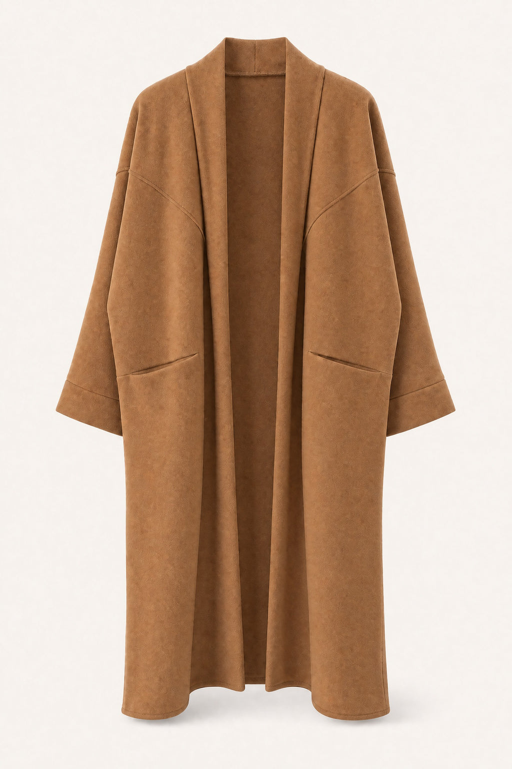 Manteau long oversize ouvert – Camel – vue de face – EMORA