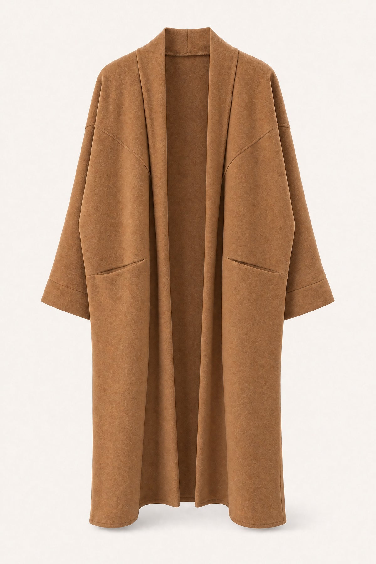 Manteau long oversize ouvert – Camel – vue de face – EMORA