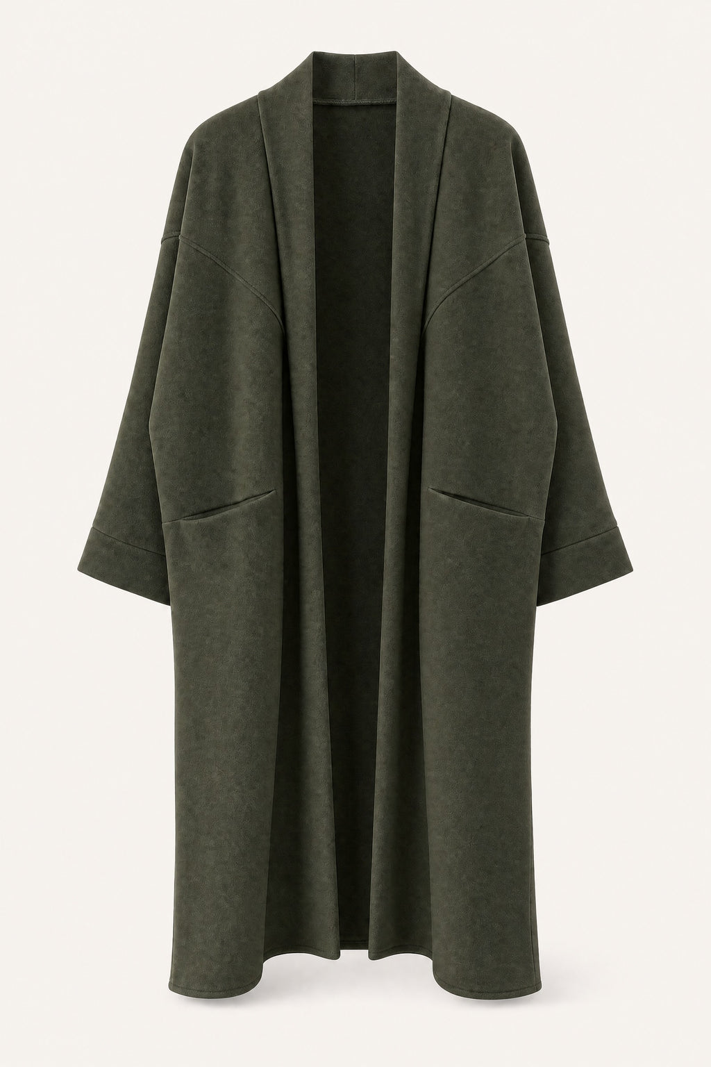 Manteau long oversize ouvert – Kaki – vue de face – EMORA