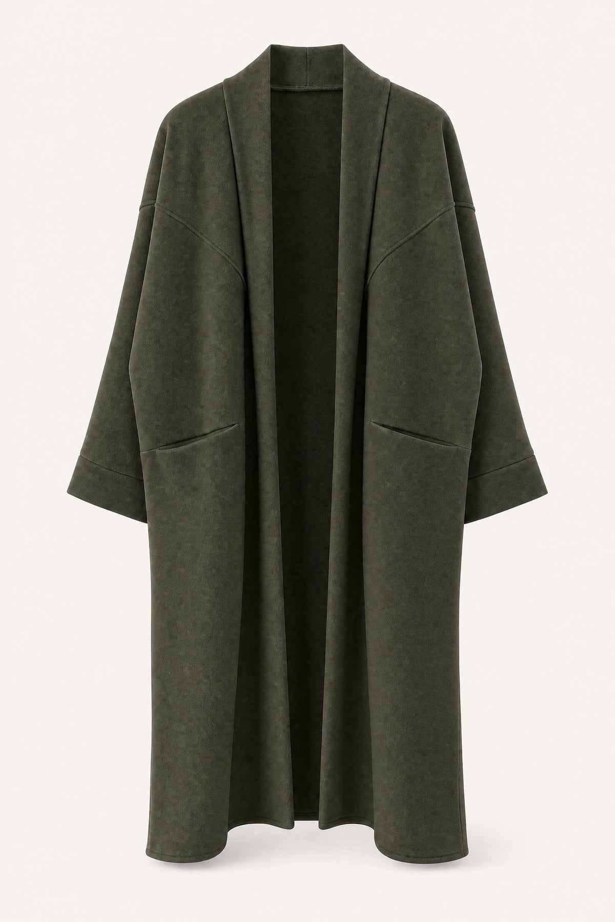 Manteau long oversize ouvert – Kaki – vue de face – EMORA