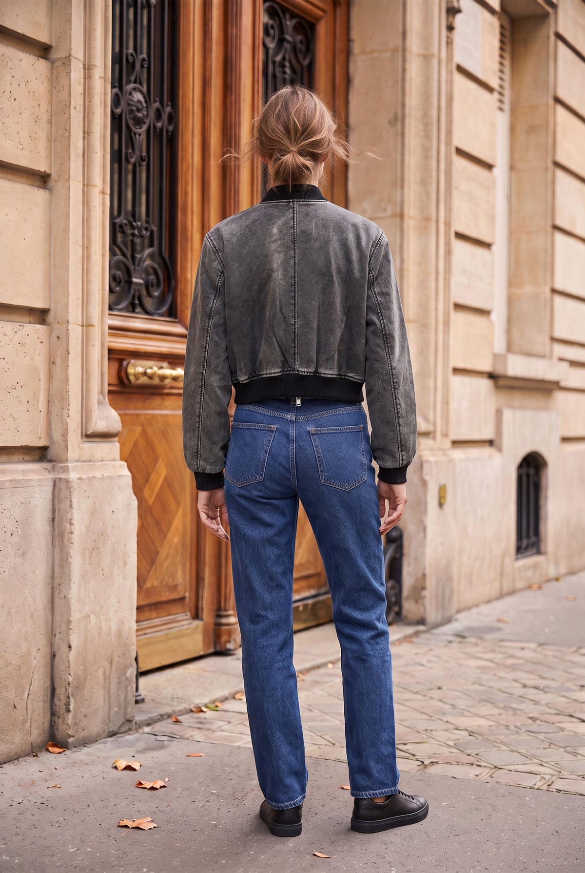 Blouson bomber court effet délavé – Gris – porté – EMORA