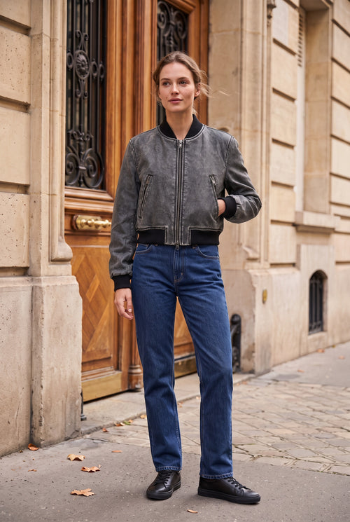 Blouson bomber court effet délavé – Gris – porté – EMORA