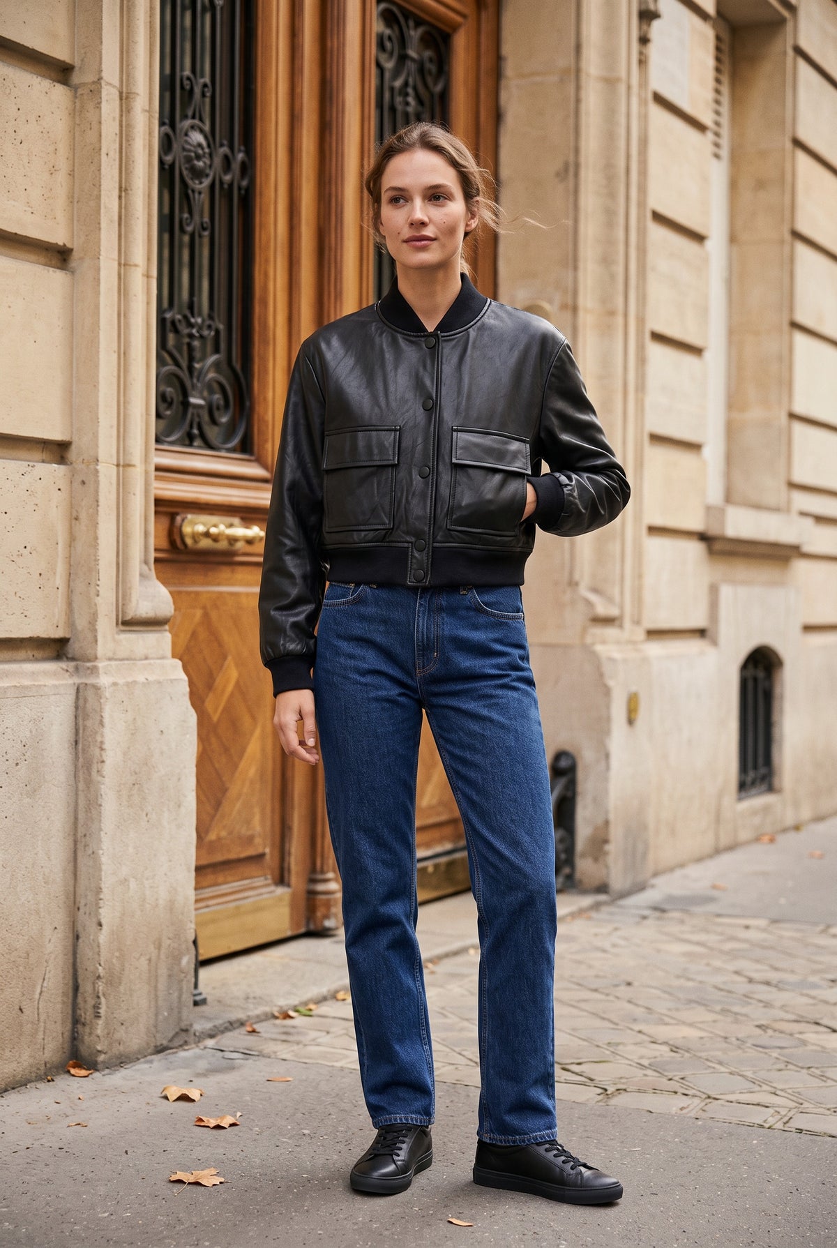 Blouson bomber court en similicuir – Noir – porté – EMORA