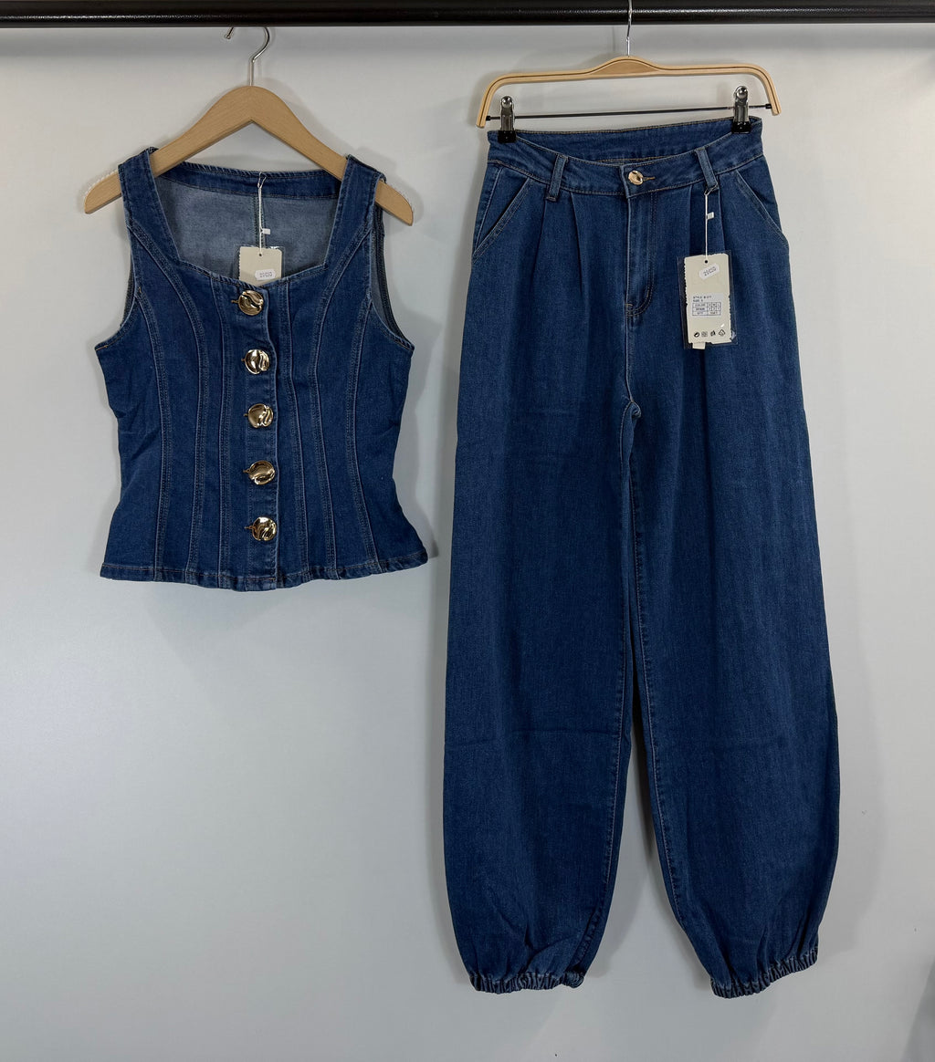 Ensemble en denim corset et jean ballon – photo produit – EMORA